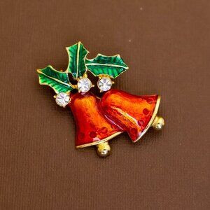 Vintage Mistletoe Jingle Bells Christmas Brooch - U22